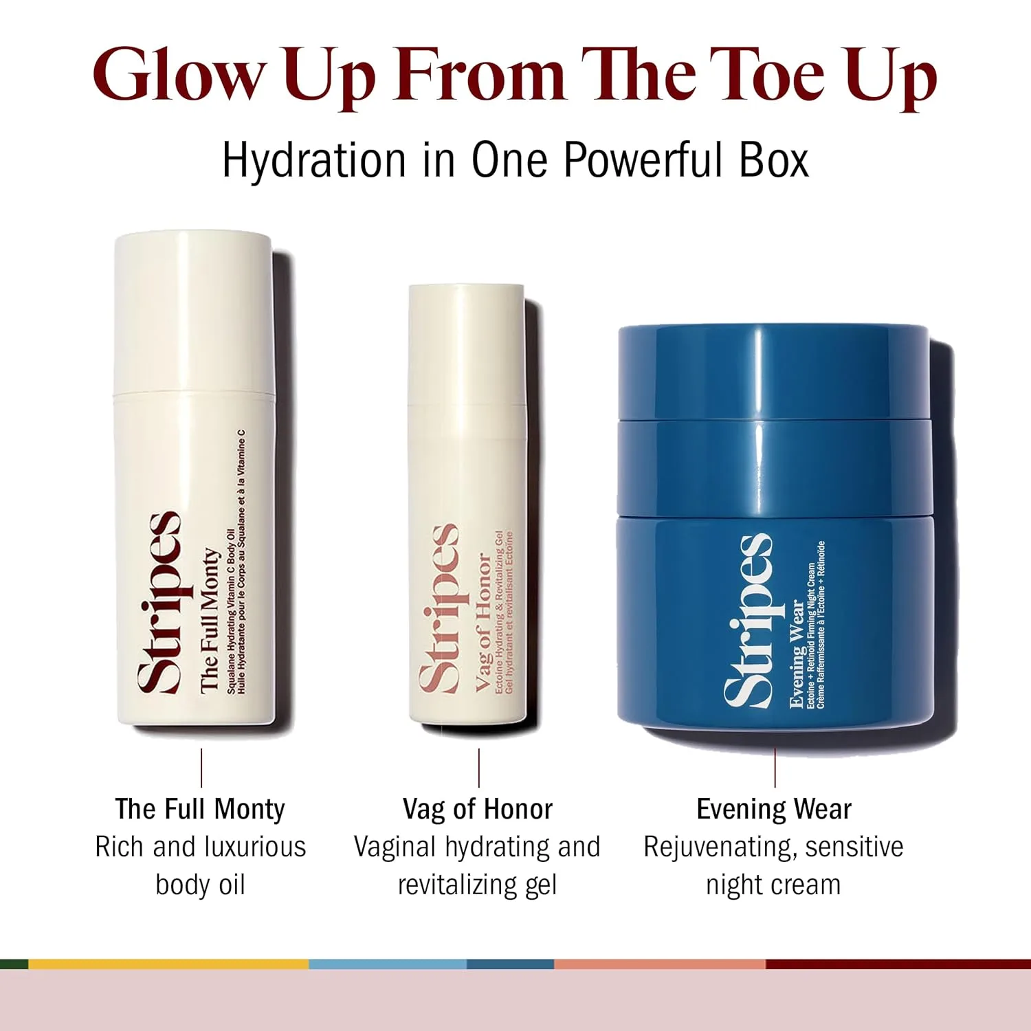 Stripes Beauty Naomi Watts Glow Up The Toe Up Holiday Gift Set: полноразмерный ночной крем с мягким ретиноидом, дорожный размер увлажняющего масла для тела, успокаивающий гель для интимной зоны. — фото 2