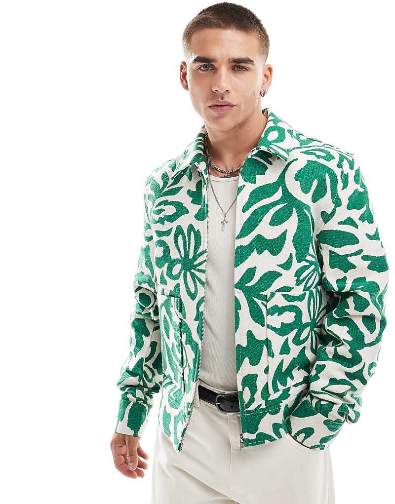 

Зеленая жаккардовая куртка Харрингтон с цветочным принтом ASOS DESIGN