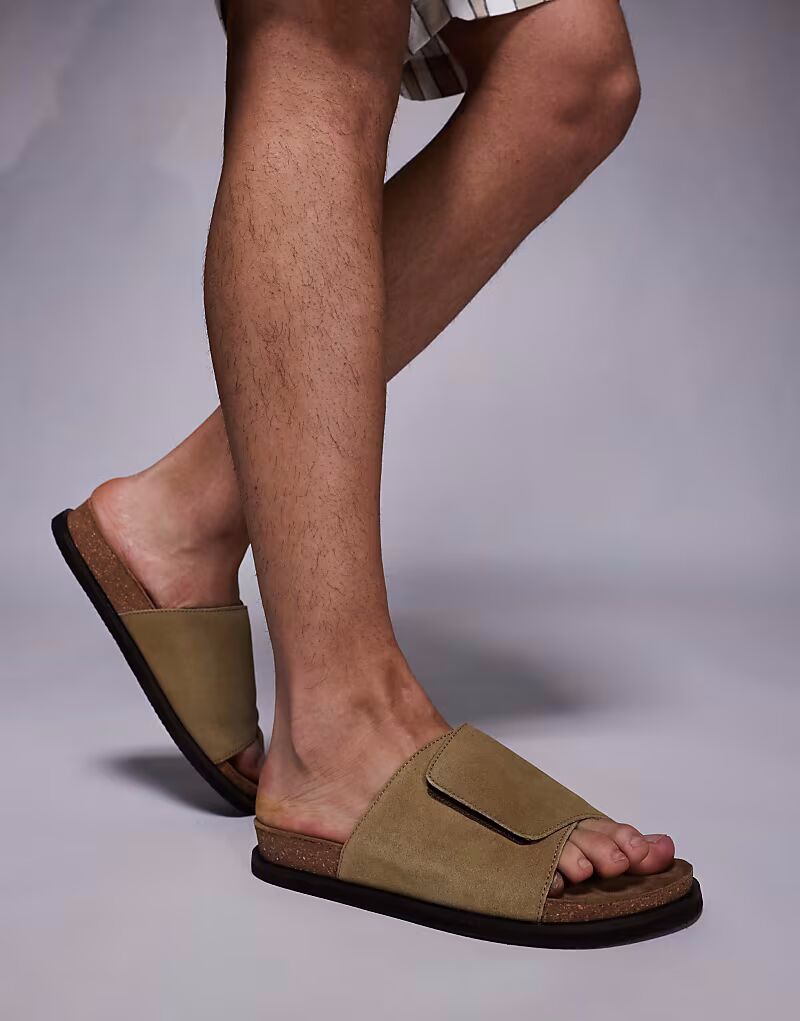 

Сандалии-слайдеры ASOS DESIGN из каменно-замшевой кожи с пробковой подошвой