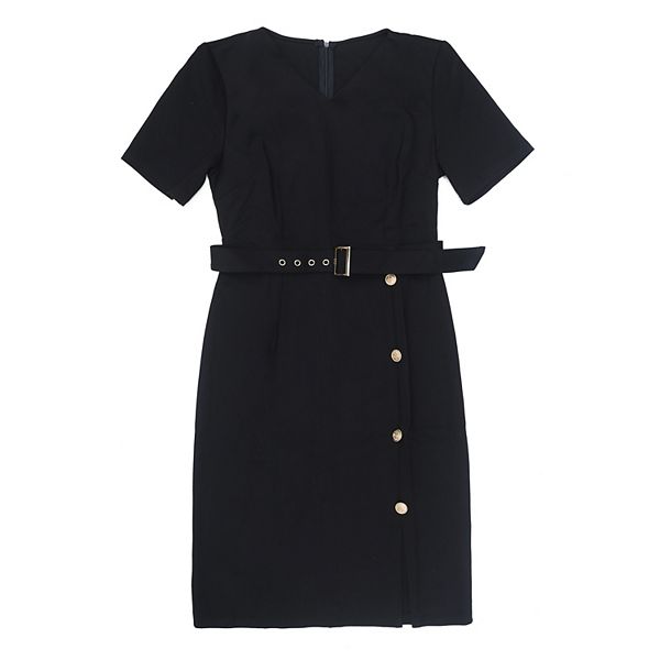 

Женское платье-футляр с поясом и пуговицами, короткий рукав, карандаш Inspire Chic, Black