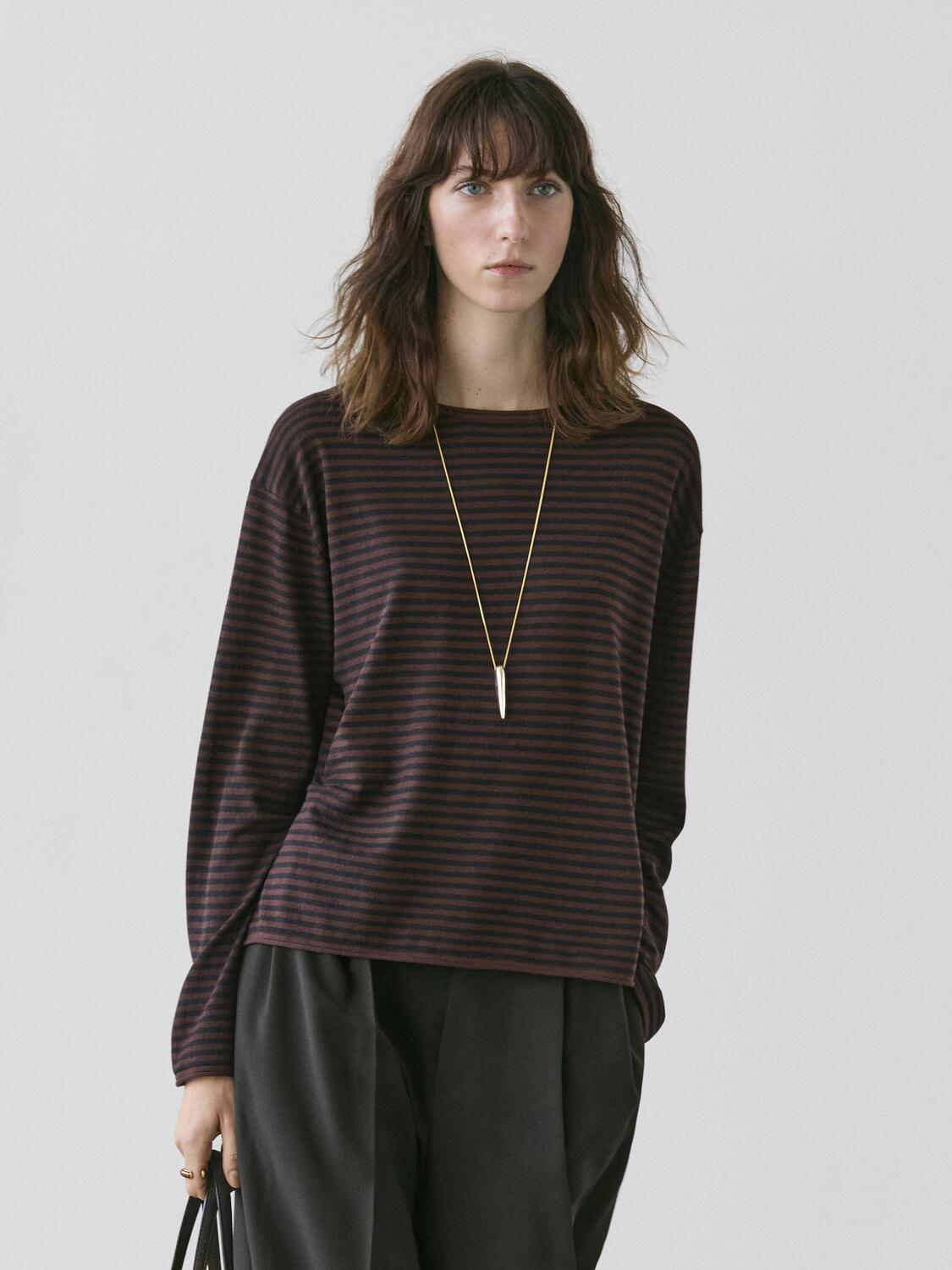 Вязаный свитер в полоску из хлопковой смеси Massimo Dutti, brown — фото 3