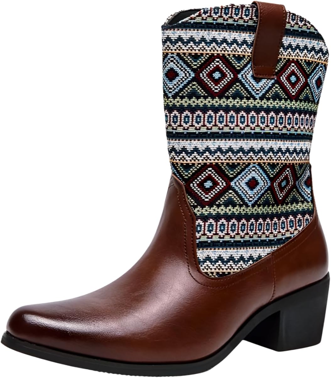 

Кожаные ковбойские сапоги Santimon в западном стиле, ретро с вышивкой, классические модные сапоги, застегивающиеся без шнурков, с противоскользящей подошвой, коричневый