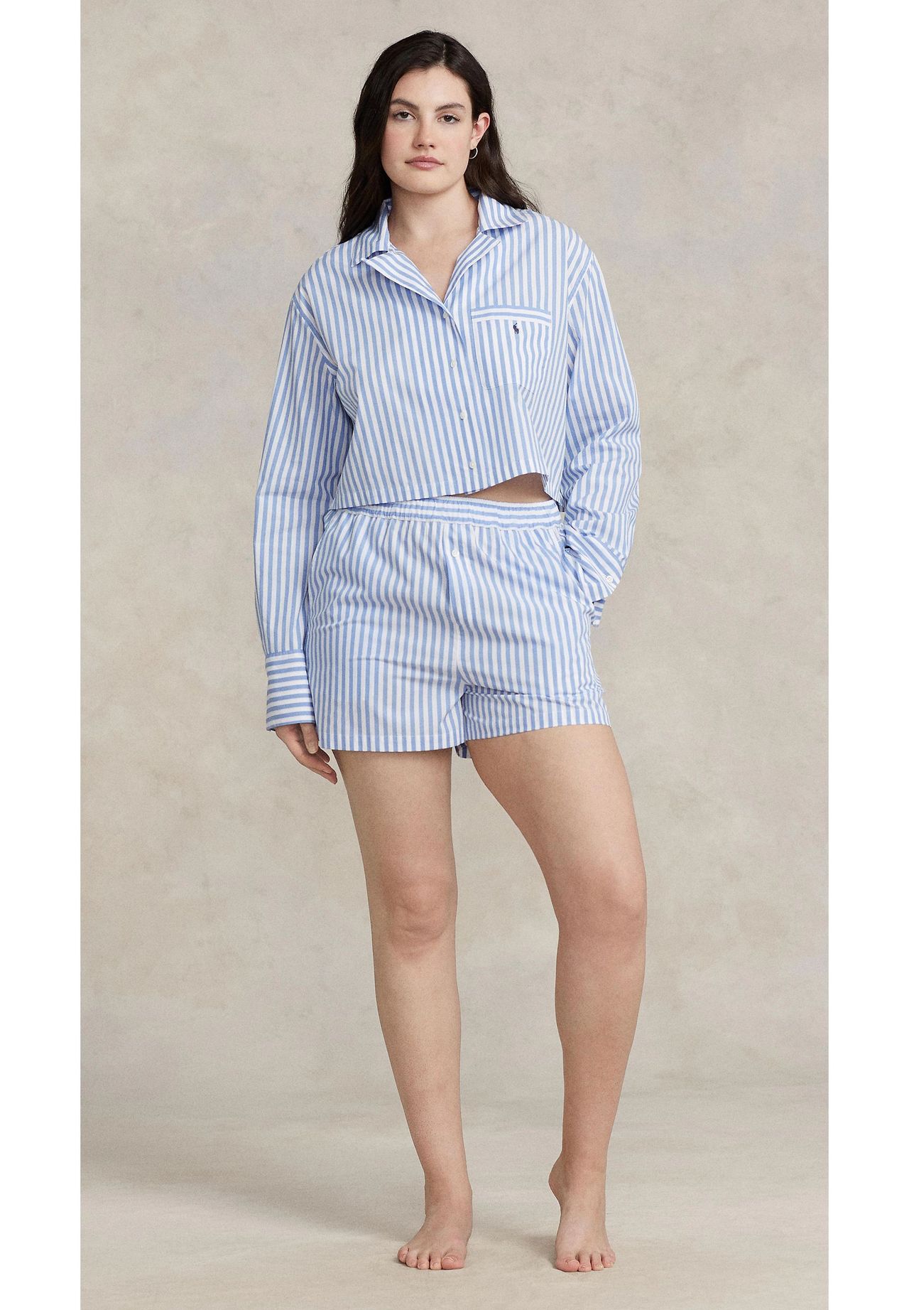 Женские полосатые пижамы из поплина в полоску POLO RALPH LAUREN, цвет 930 Light Blue — фото 2