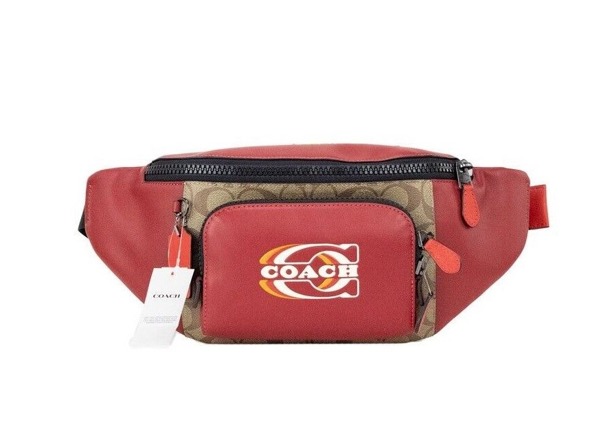 

Сумка на пояс Track Colorblock Khaki с покрытием из красной кожи Stamp Coach