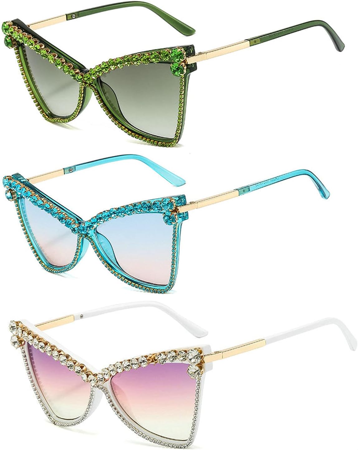 

Солнцезащитные очки Willochra Diamond Cat Eye для женщин, с бриллиантами и стразами, большие солнцезащитные очки для мужчин, 2021 год, ретро-очки, винтажные, с защитой от УФ-излучения UV400, 3pack-purple&blue&green