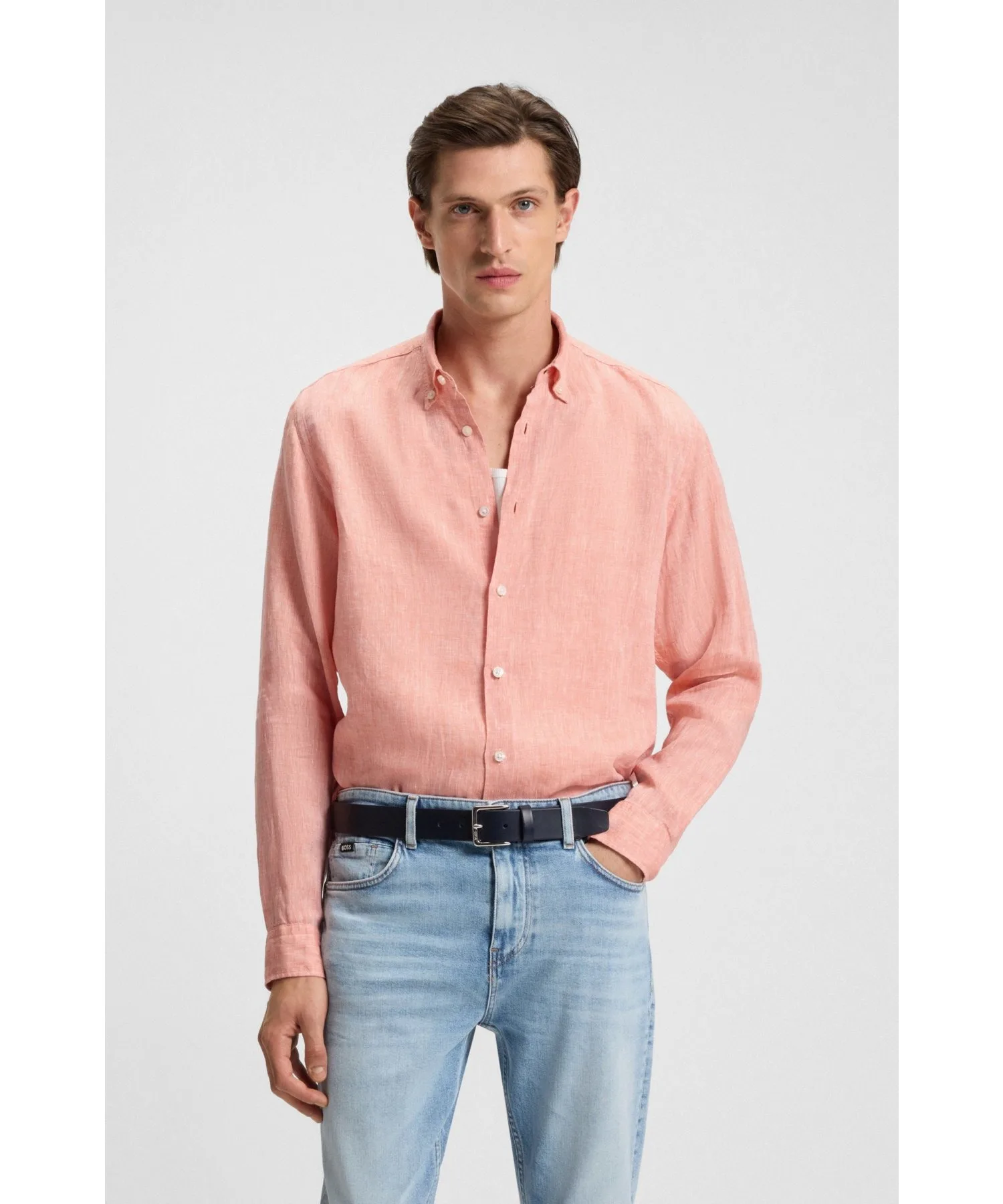 Мужская рубашка из 100% льна Regular Fit Button-Down BOSS оранжевая