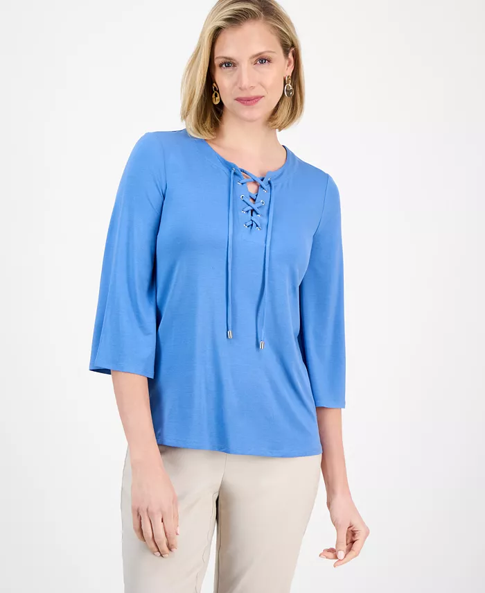 

Петит-топ с кружевными завязками и рукавом 3/4 JM Collection, синий