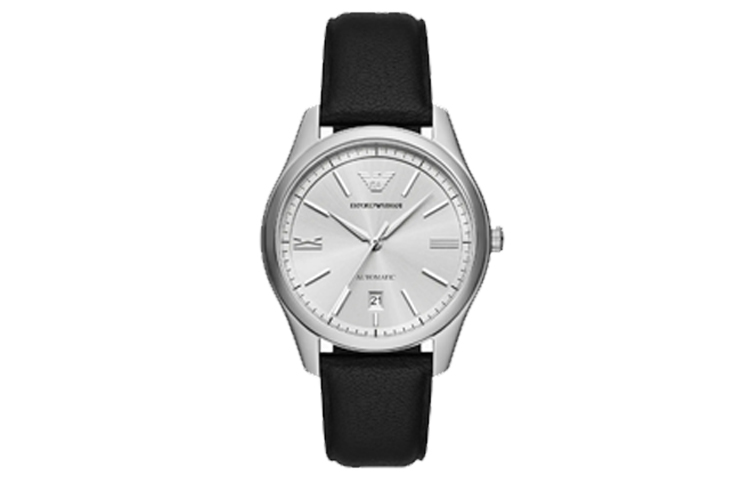 

EMPORIO ARMANI Часы Automatic Three Hand Date Black Leather Watch, White Dial
