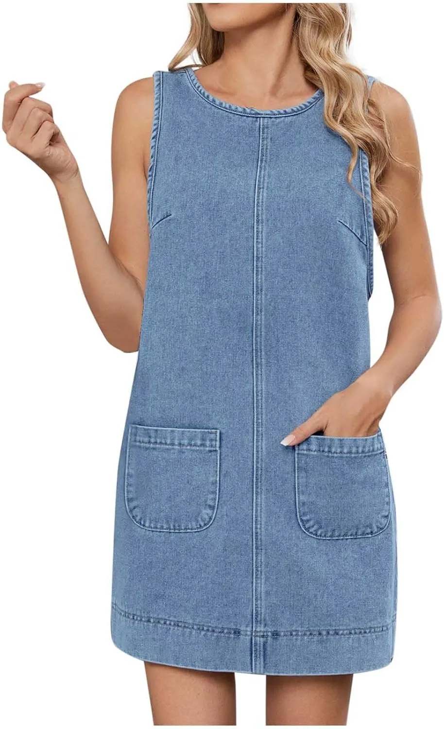 Женское джинсовое платье Casual Summer с круглым вырезом, без рукавов, в стиле A-Line, с карманами Generic, синий