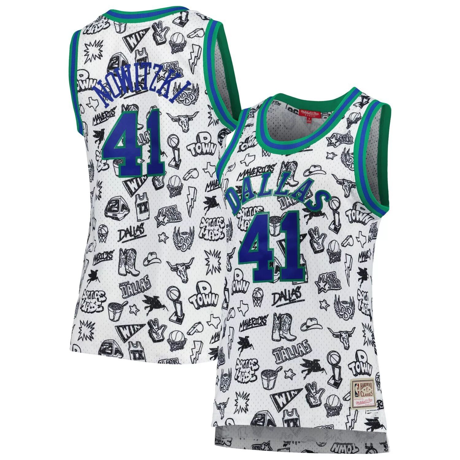 

Женская белая майка Mitchell & Ness Dirk Nowitzki Dallas Mavericks 1998 Doodle Swingman, Белый, Женская белая майка Mitchell & Ness Dirk Nowitzki Dallas Mavericks 1998 Doodle Swingman