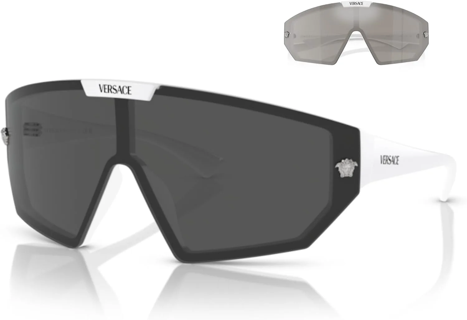 

Солнцезащитные очки Versace VE4461 Shield для мужчин и женщин + БЕСПЛАТНАЯ ЗАПАСНАЯ накладная линза + КОМПЛЕКТ С АКСЕССУАРАМИ ДЛЯ ОЧКОВ, White/Dark Grey Mirror Silver
