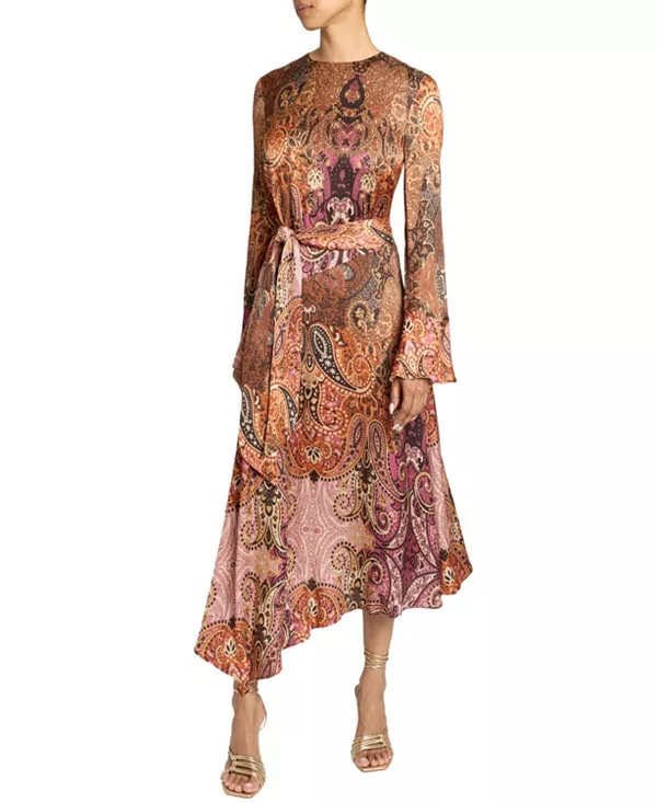 

Асимметричное платье-миди с длинными рукавами от Rachel из принтованного шармеза. Santorelli, мультиколор