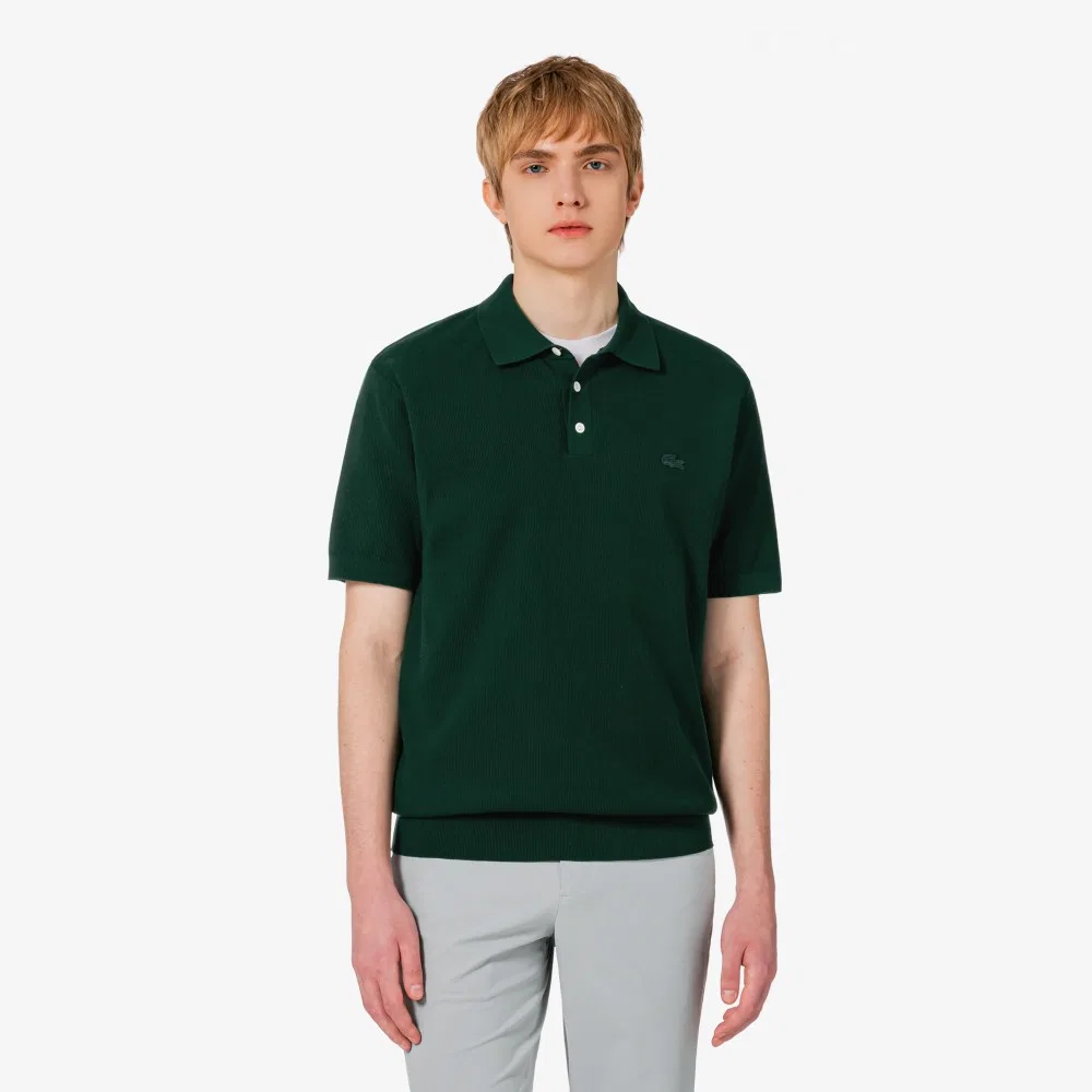 Мужской свитер-поло пике с коротким рукавом тёмно-зелёный от Lacoste