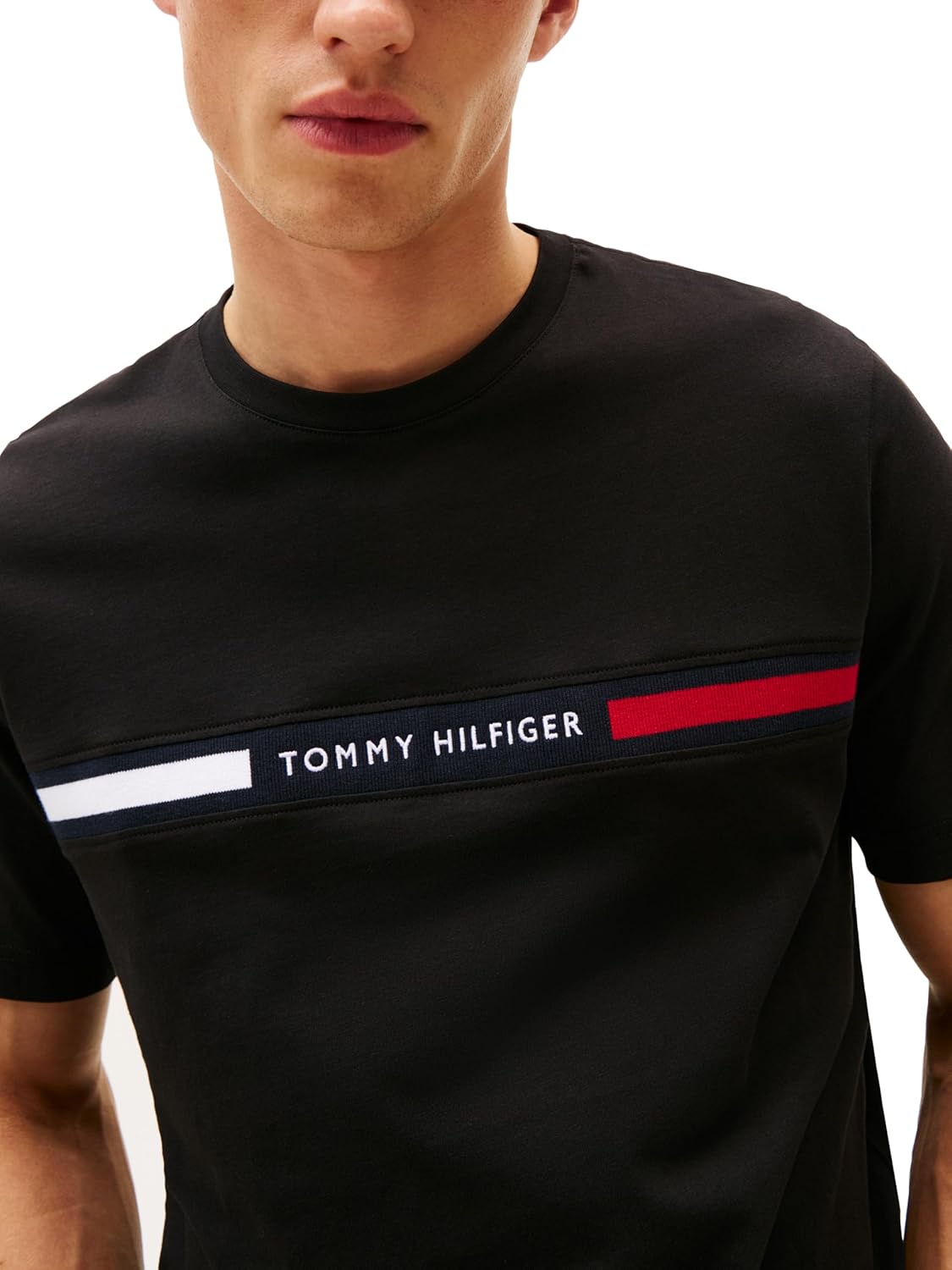 Мужские хлопковые футболки Tommy Hilfiger с коротким рукавом и фирменным логотипом в полоску, также доступны в размерах для больших и высоких женщин., Black — фото 2