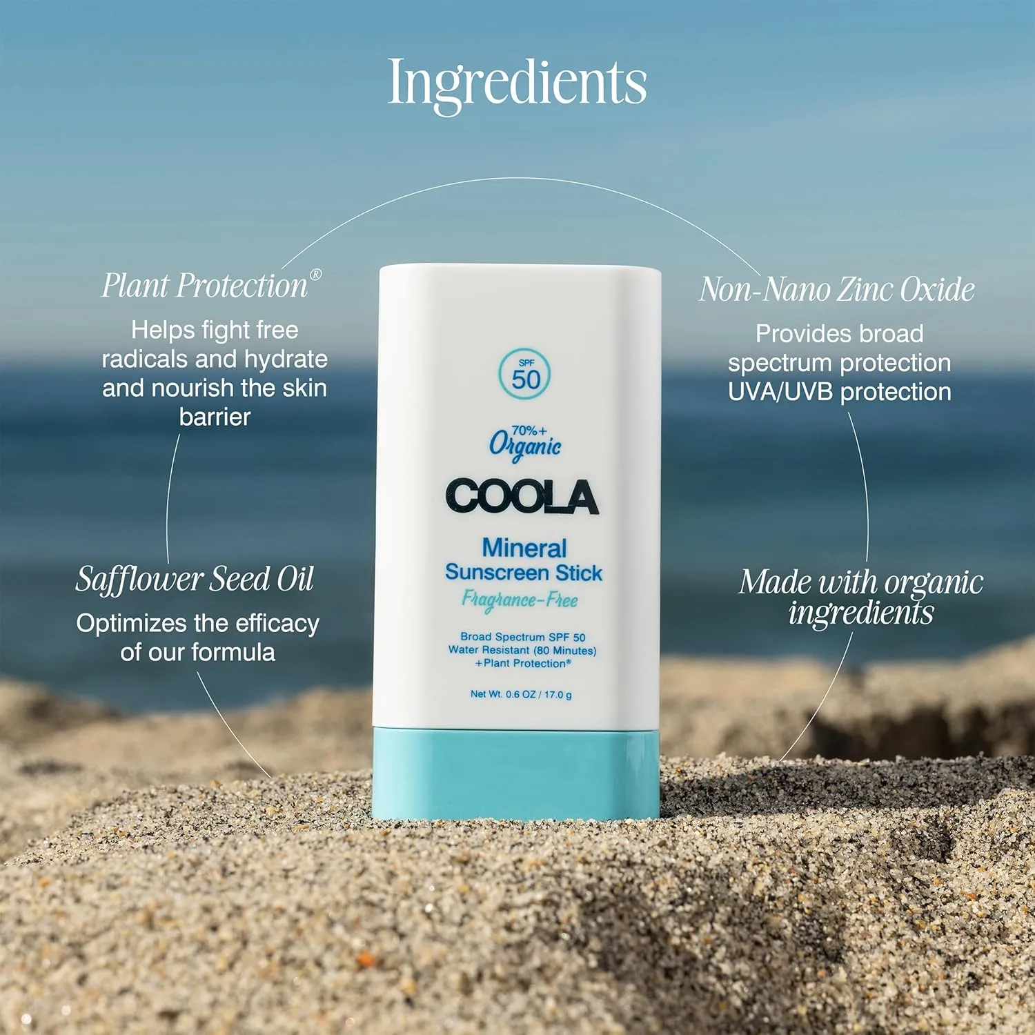 Солнцезащитный стик COOLA Organic Mineral Sunscreen SPF 50, протестирован дерматологами, обеспечивает ежедневную защиту кожи, подходит для веганов и не содержит глютена, 0,6 унции. — фото 4
