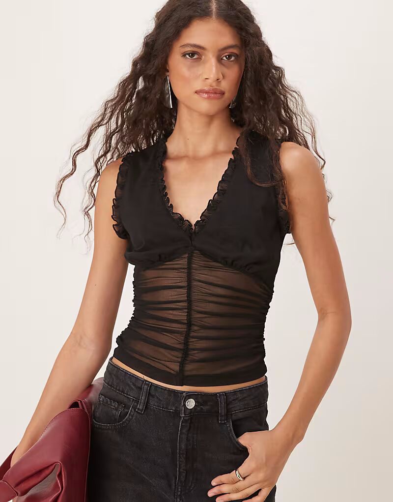 

Топ ASOS DESIGN с сетчатой оборкой и сборками, черный цвет