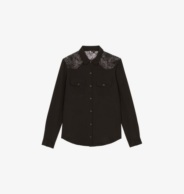 

Шелковая рубашка с кружевными вставками и накладными карманами The Kooples, черный