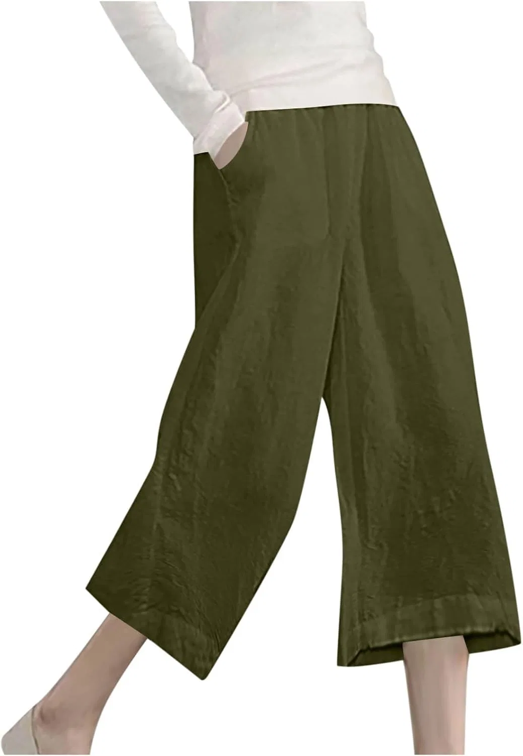Льняные брюки Women 2026 Wide Leg Capri с карманами, летние, с эластичным поясом, модные укороченные Generic, зеленый
