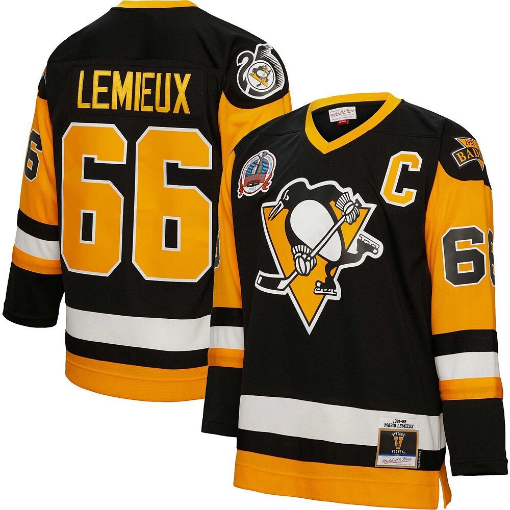 

Мужская футболка Mitchell & Ness Mario Lemieux Black Pittsburgh Penguins Big & Tall 1991 с капитанской нашивкой Blue Line Player, цвет Png Black