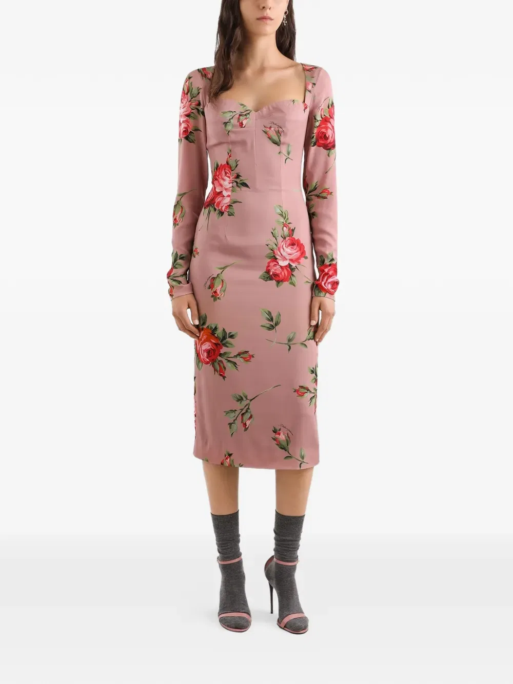 Платье миди с длинными рукавами и цветочным принтом Dolce & Gabbana, розовый — фото 2
