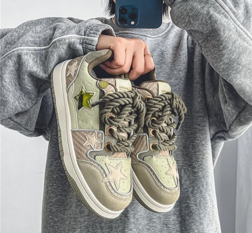 Мужские массивные кроссовки Star Shoes Y2K в ретро-стиле, кожаные кроссовки на шнуровке, легкая и удобная обувь для ходьбы для мужчин и женщин Generic, зеленый — фото 4