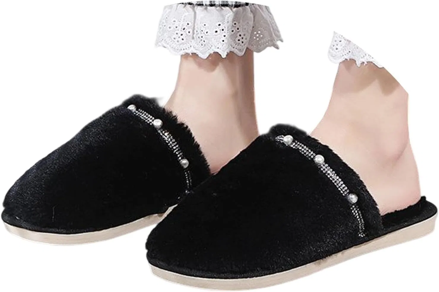 Generisch Hausschuhe Damen Herren Memory Foam Weicher Plüsch Flauschige Pantoffeln Rutschfeste Gefüttert Тапочки Flauschfutter Flache Filzhausschuhe В помещении На открытом воздухе, Schwarz — фото 2