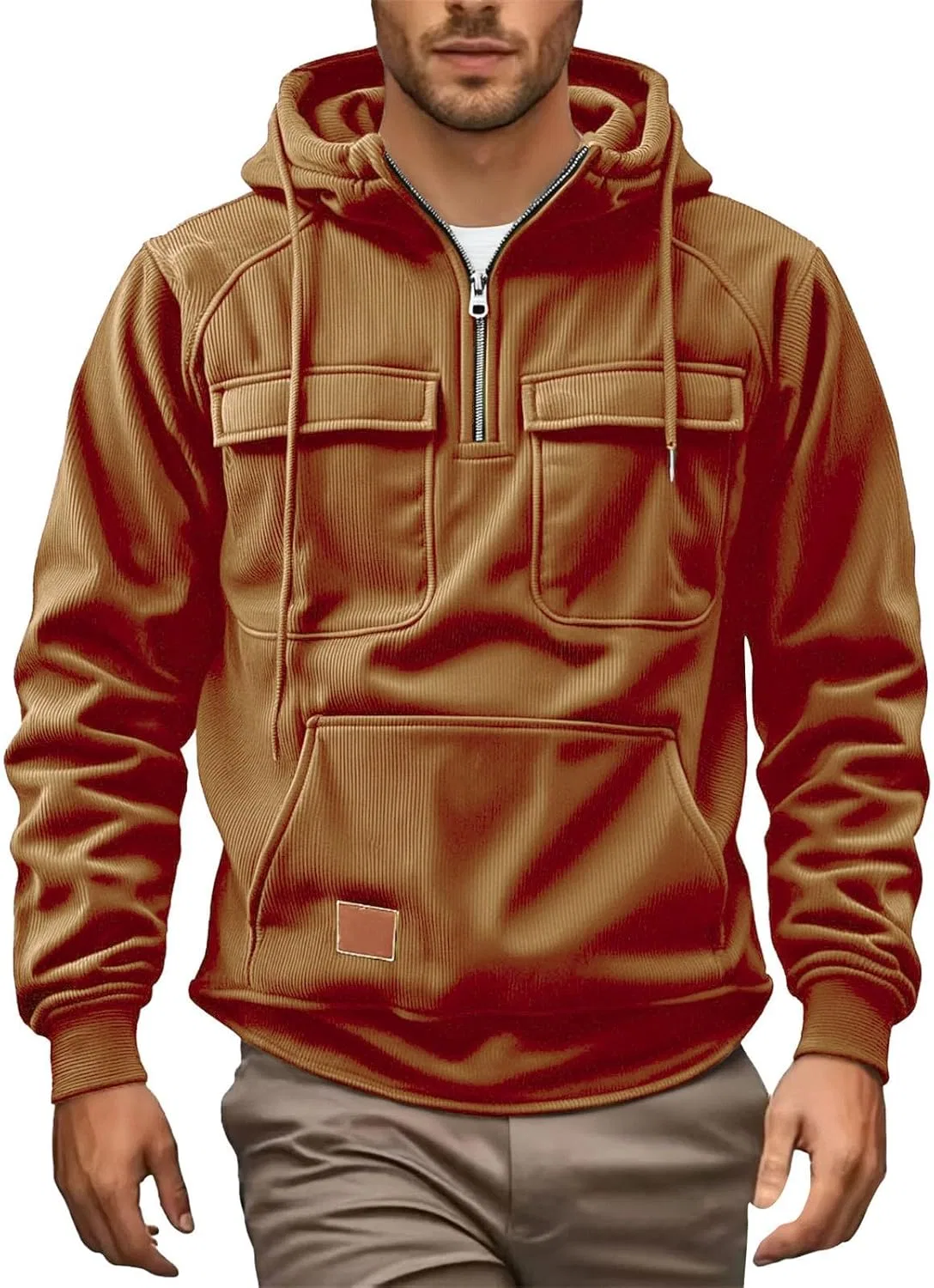 Мужская худи с капюшоном Corduroy, четверть-застежка, карманы, B-orange — фото 4