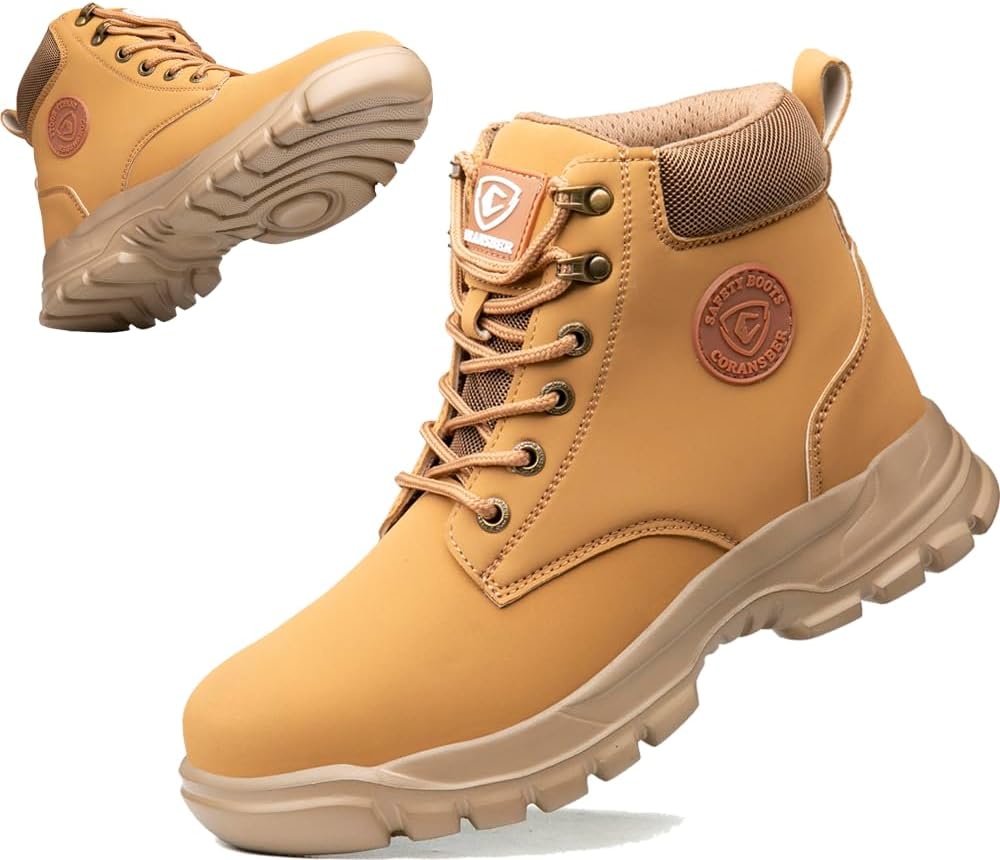 

Женские стальные ботинки CORANSBER с защитным носком, легкие, удобные, модные безопасные ботинки, композитный носок, индустриальные обувь для строительства, мужские, 13 Wheat