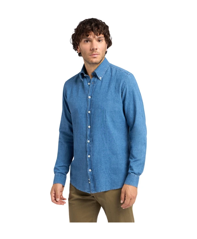 

Приталенная рубашка из хлопка и льна шамбре на пуговицах Brooks Brothers, синий