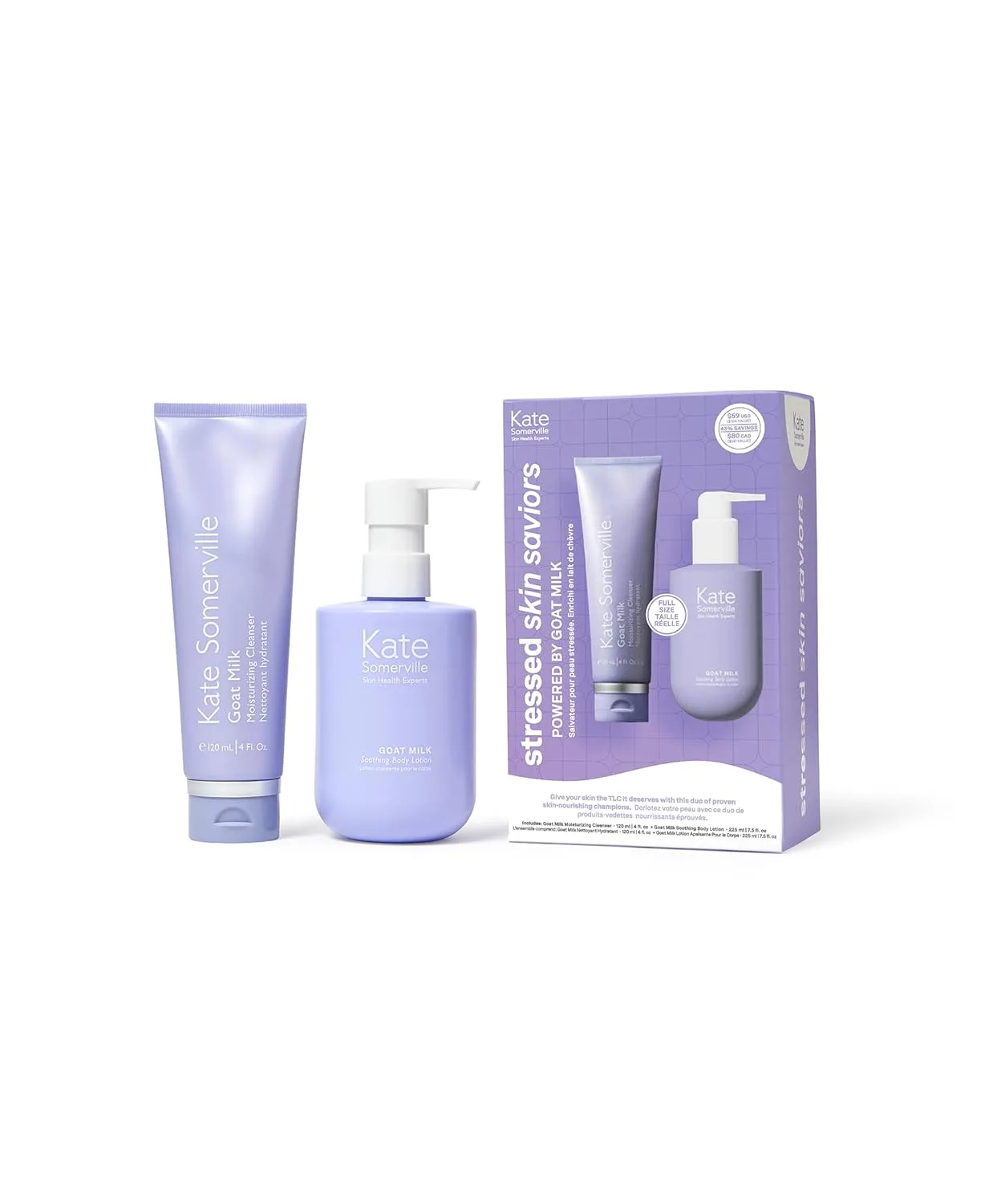 Набор Kate Somerville Stressed Skin Saviors Goat Milk Set - полноразмерный набор для ухода за кожей лица и тела, включающий очищающее средство и лосьон для тела на основе козьего молока.