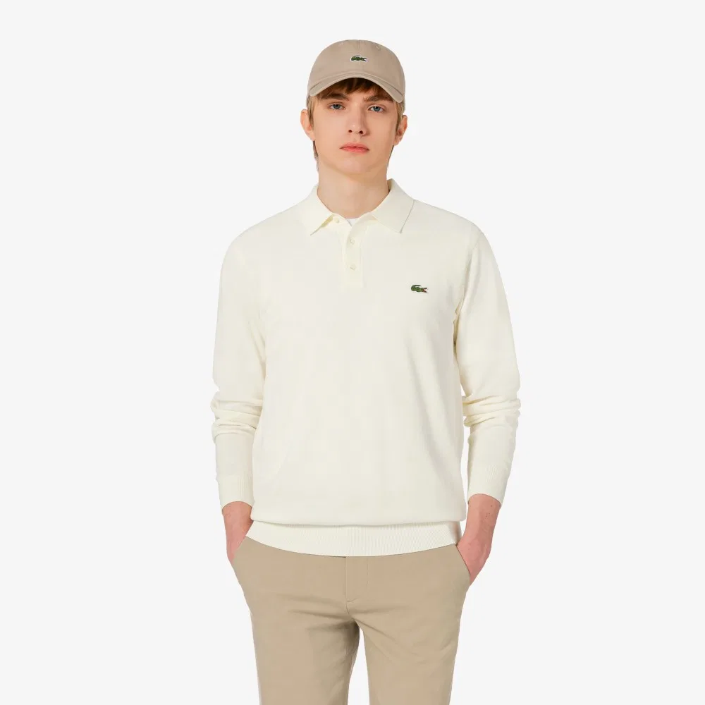 Мужской пикейный поло-свитер с длинным рукавом, кремовый, от Lacoste