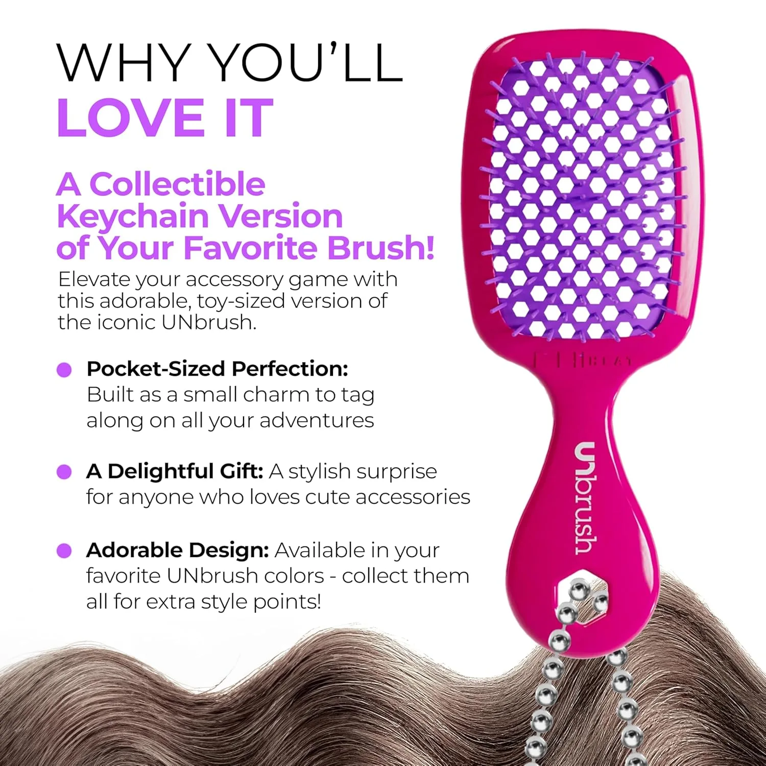Брелок-расческа FHI Heat UNbrush Super Mini - коллекционный миниатюрный аксессуар для сумок и ключей - для любительниц красоты., Pink Burst — фото 2