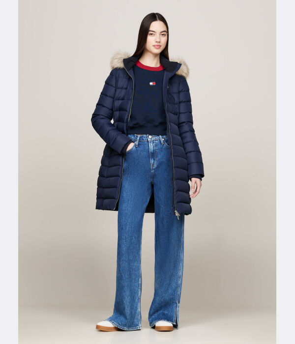 

Пуховик женский Tommy Jeans средней длины с капюшоном, синий