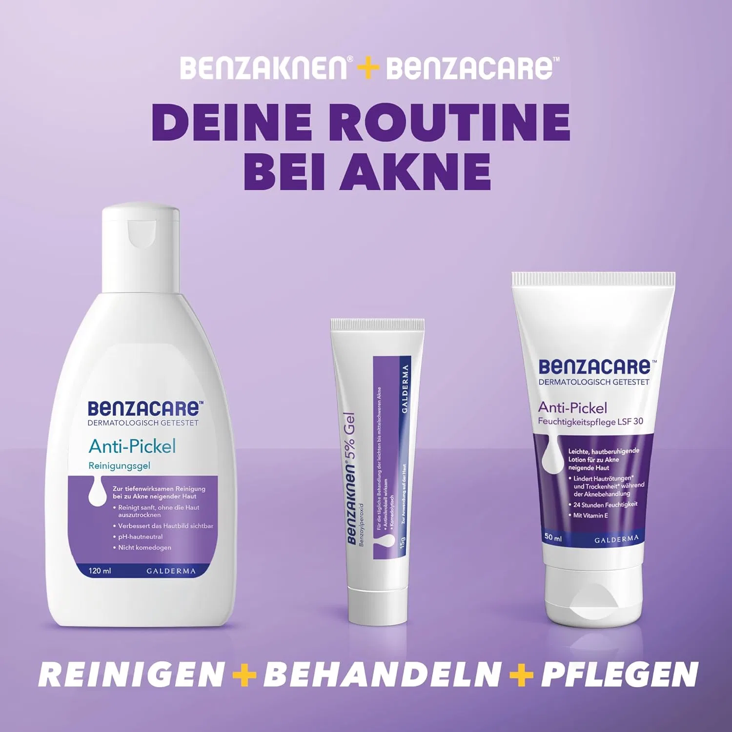 Набор BENZAKNEN для ухода за кожей против акне: гель 5% (40 г), очищающий гель (120 мл), увлажняющий крем (50 мл) ‎Benzaknen — фото 2