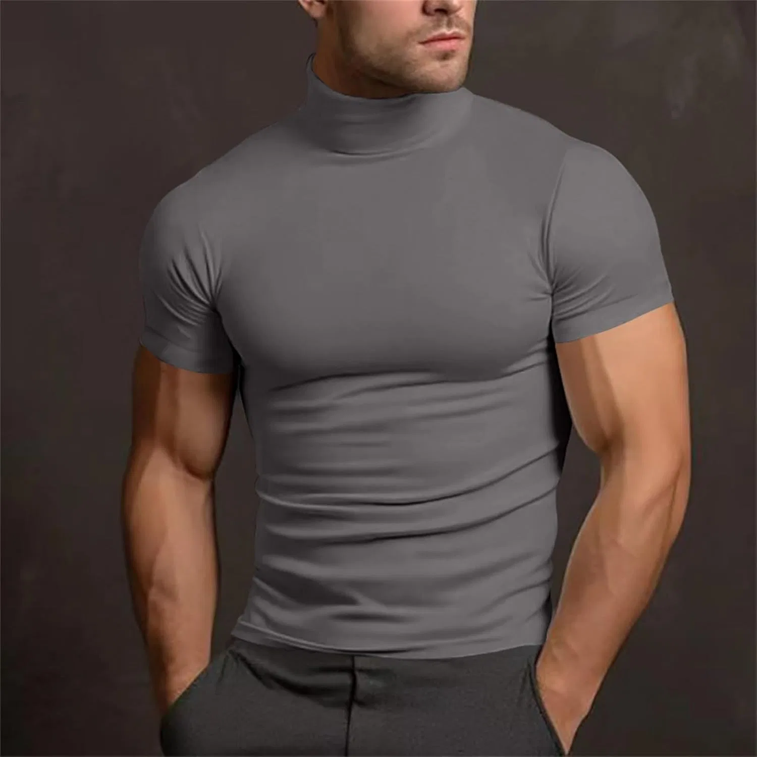 Футболка с высокой горловиной, Muscle Fit, E-grey — фото 2