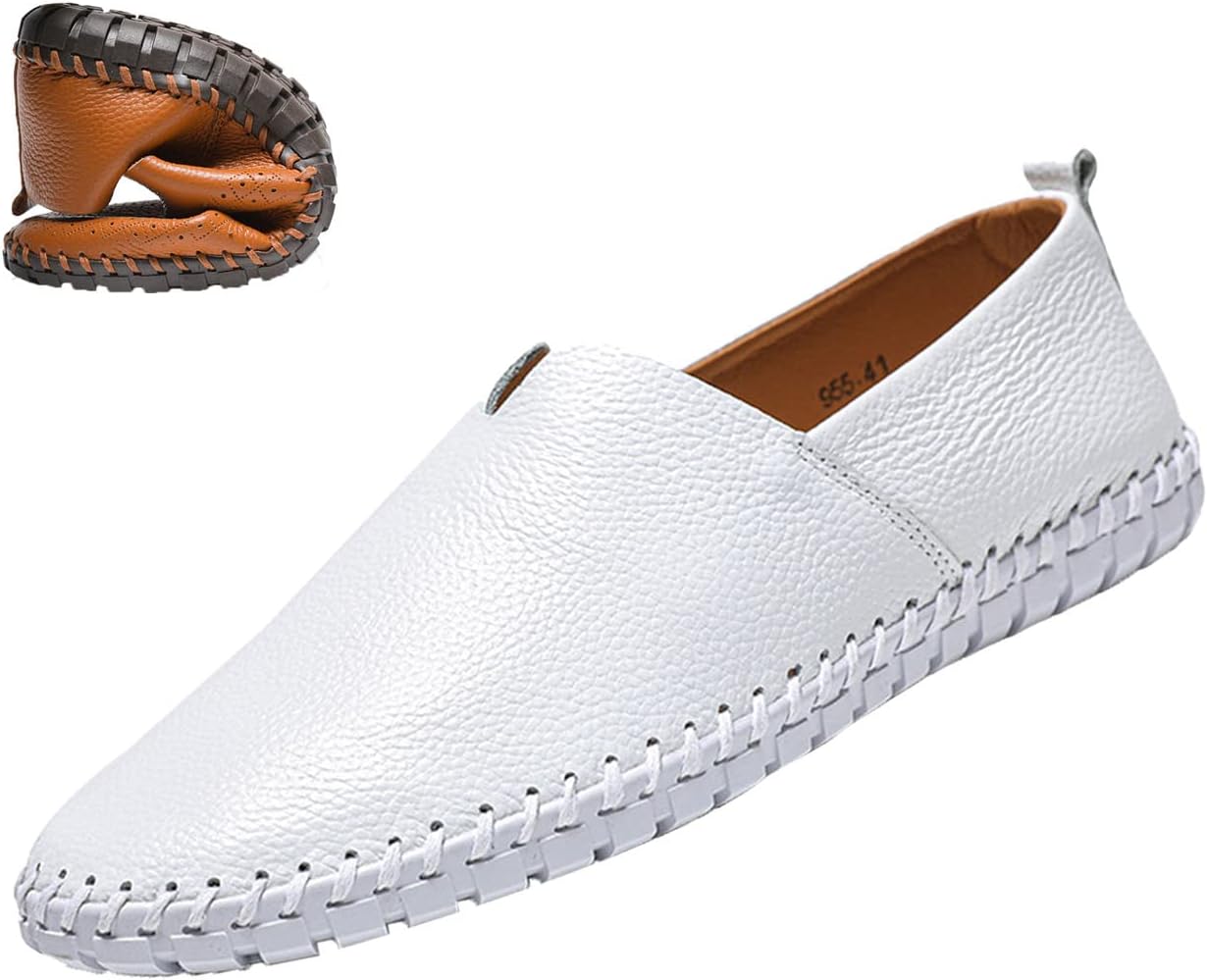 

Мужские кожаные слипоны, легкие и удобные, с ручной строчкой, противоскользящей мягкой подошвой, плоские повседневные туфли для вождения Blackeeight, белый