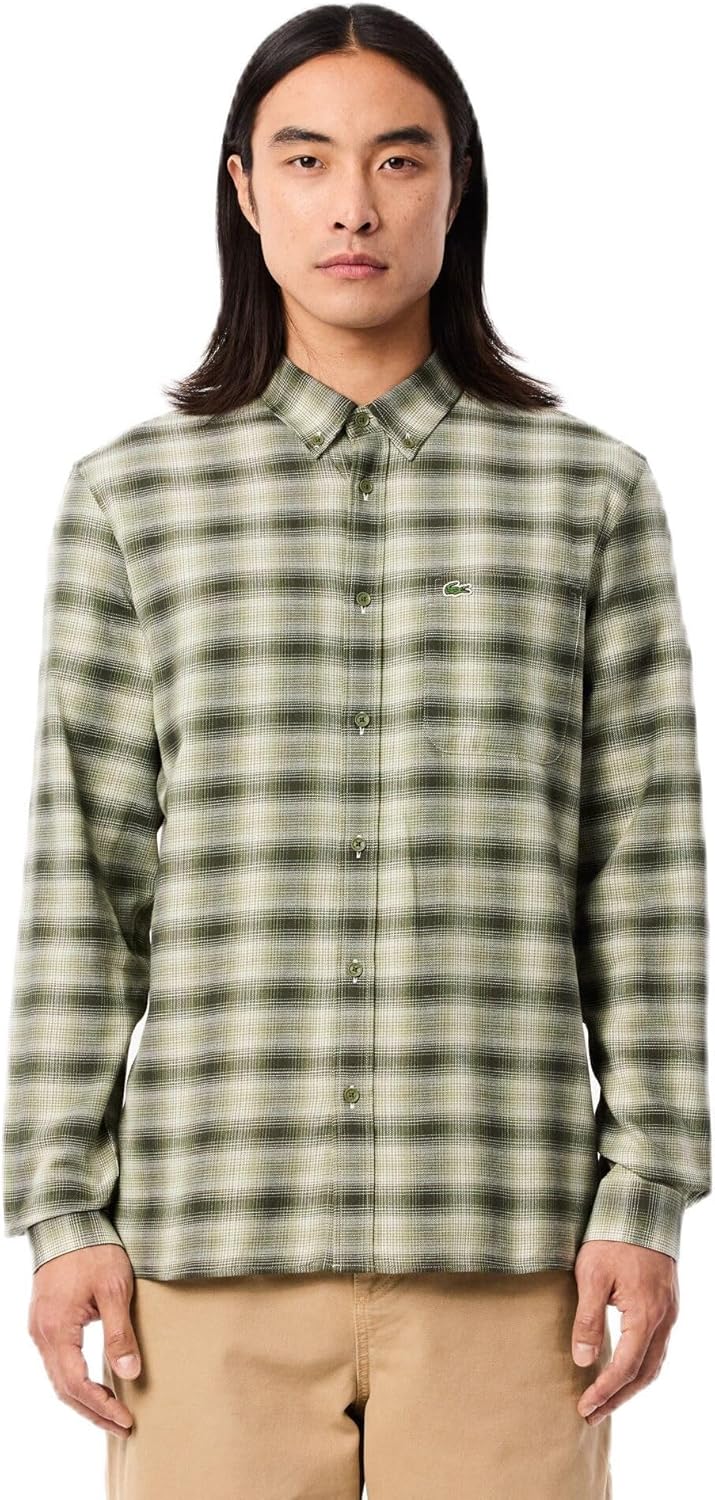 

Lacoste мужская длинная рубашка в клетку Gingham на пуговицах, Khaki Medium Check