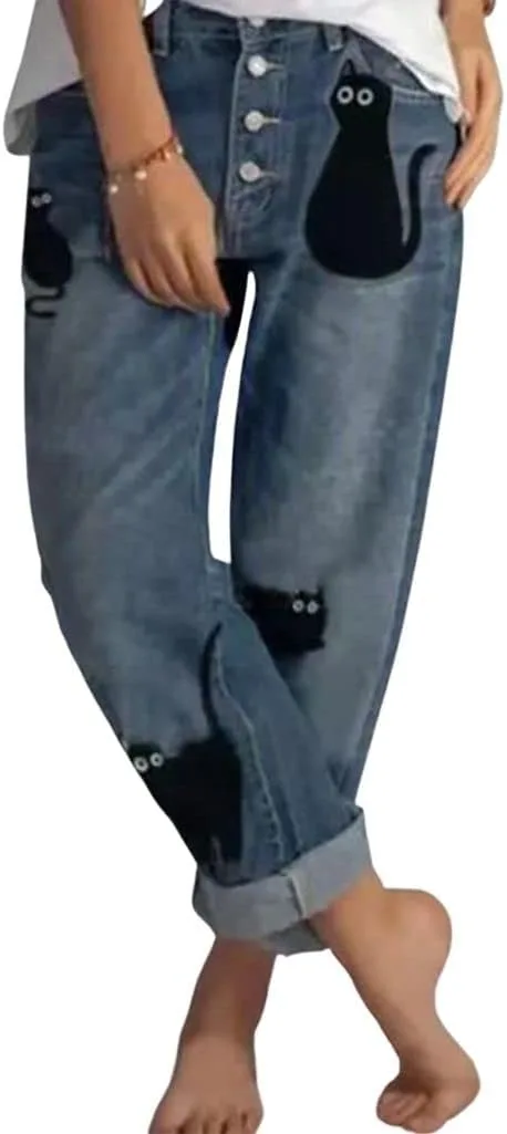 

ebossy Женские повседневные винтажные джинсы прямого кроя Mid Waisted