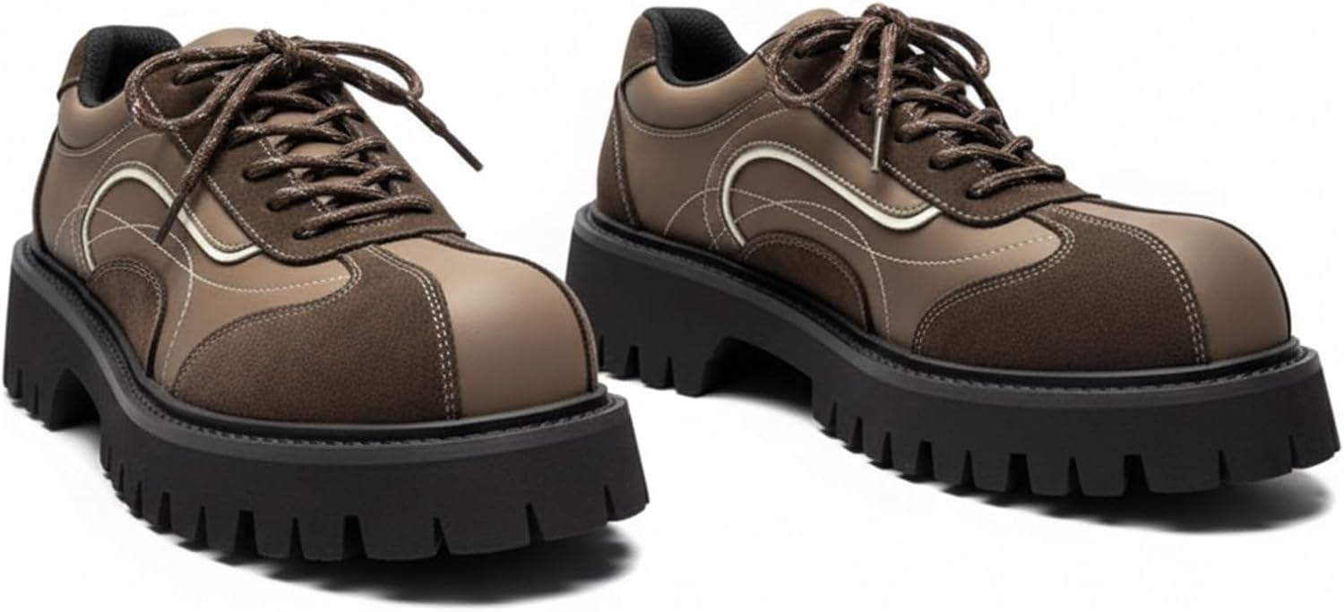 

Мужские кожаные туфли-оксфорды с крупной подошвой и панельной отделкой, ретро с круглым носком, рифленой нескользящей подошвой, на шнуровке, для прогулок, вечеринок и свиданий Bedgmdeg, коричневый