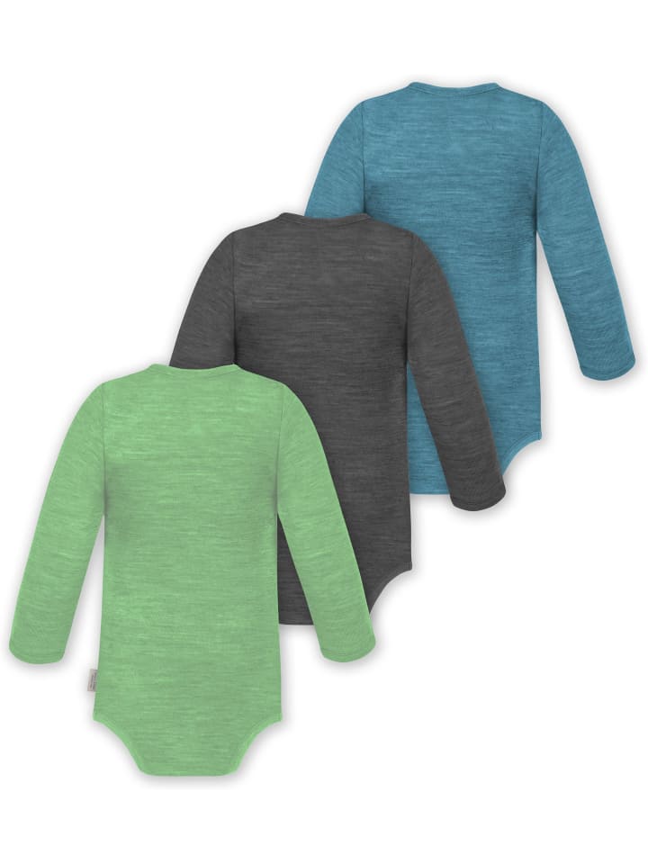 Normani Outdoor Sports Комплект из 3 детских боди с длинными рукавами из мериносовой шерсти, цвет Окленд, синий/антрацит/зеленый — фото 2