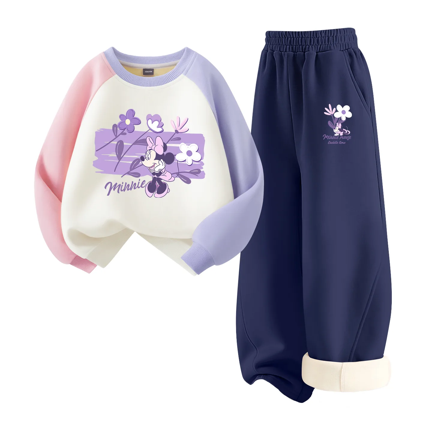 Детский спортивный костюм с воротником-стойкой на флисе Disney, [Thickened and Fleece-Lined]Di Chao Pollen Purple+Di Chao Floral Navy Blue
