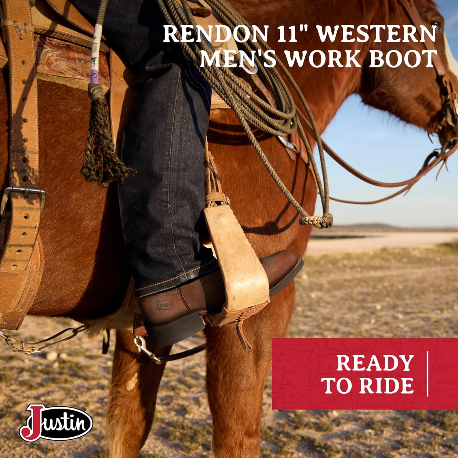 Ковбойские сапоги Justin Rendon 11 Western - мужские, с круглым носком, из коровьей кожи, с съемной ортопедической стелькой, с противоскользящей резиновой подошвой, Barnwood — фото 2