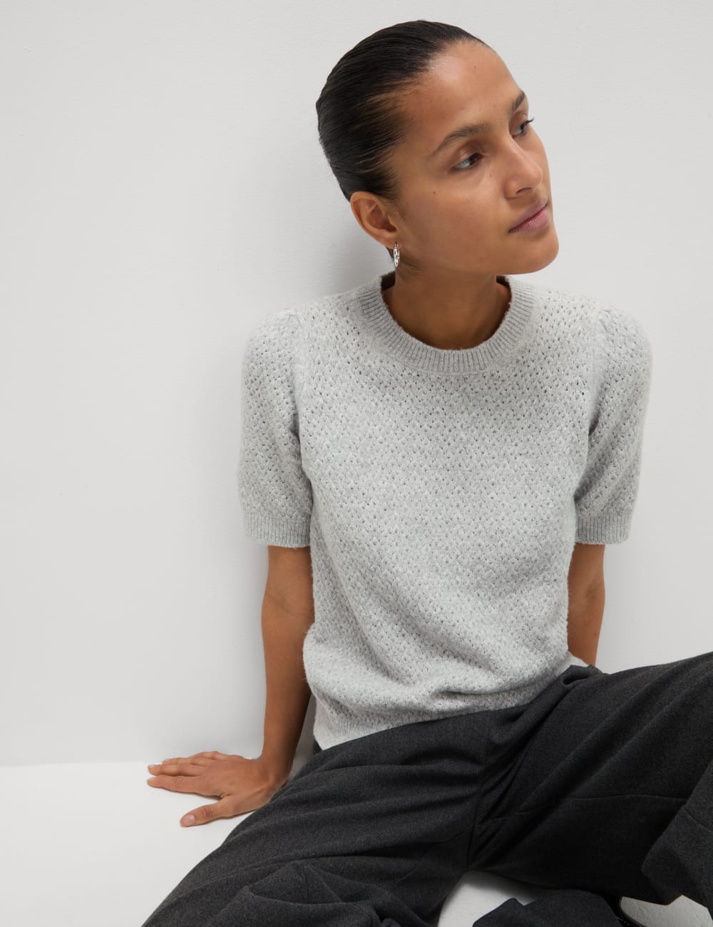 

Топ Pointelle Slim Fit с рукавами-фонариками Marks & Spencer, серый