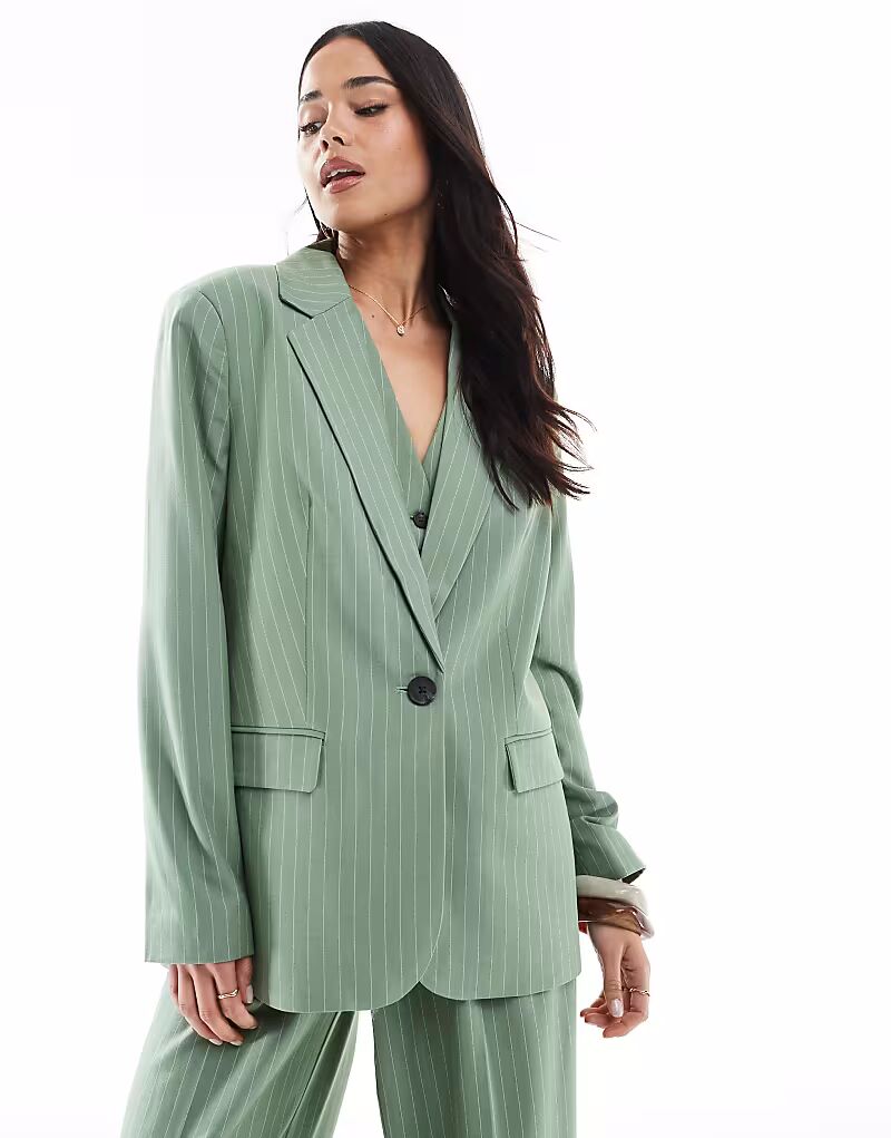 

Vero Moda - Mix and Match - Зеленый полосатый блейзер свободного кроя, скоординированный