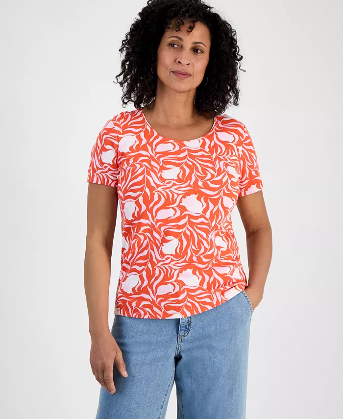

Футболка с коротким рукавом и круглым вырезом Petite Milo Leaves Printed Style & Co, мультиколор