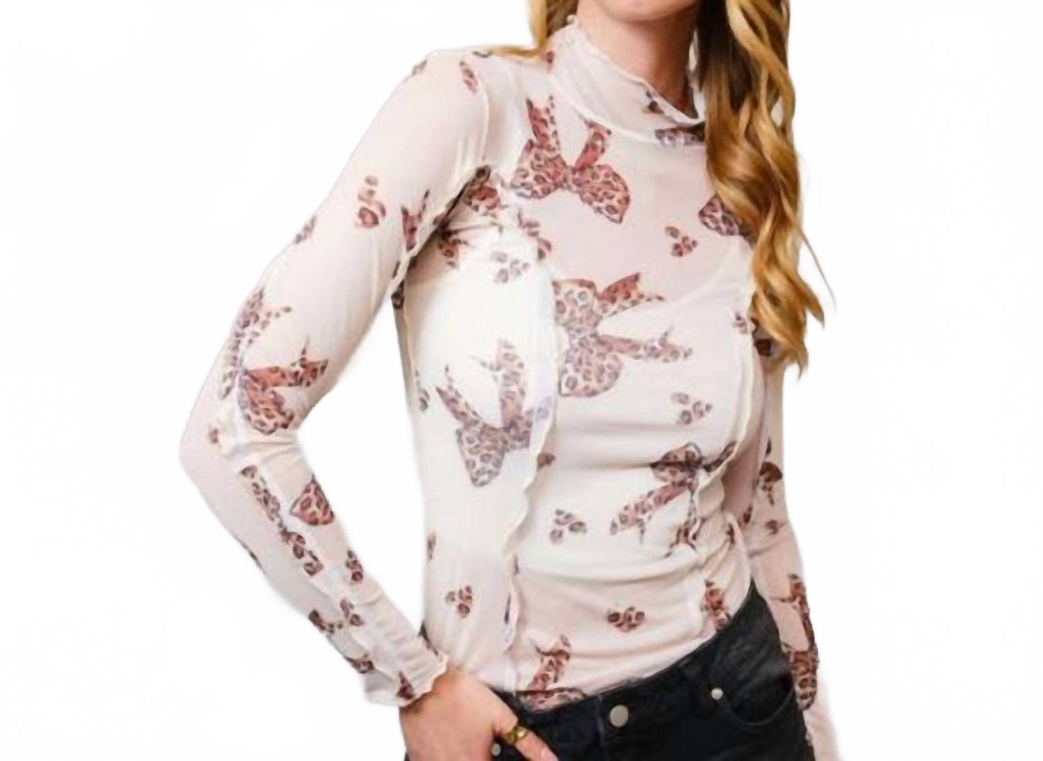 

Blue B Топ с высоким воротником и бантом из сетчатой ​​ткани с леопардовым принтом