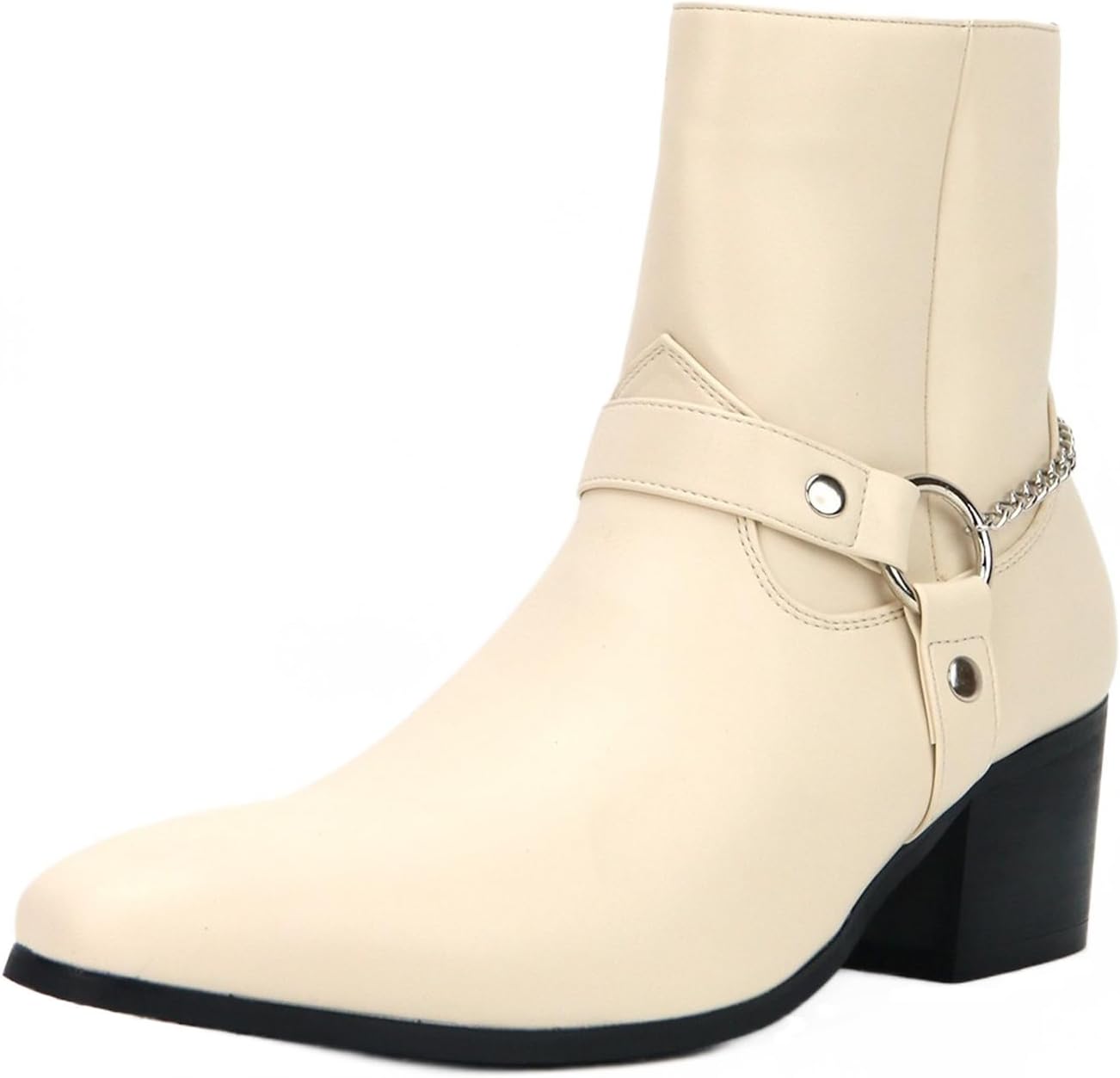 

Мужские ботинки Jamron среднего каблука с металлической цепочкой, боковой молнией и байкерским дизайном, бежевый