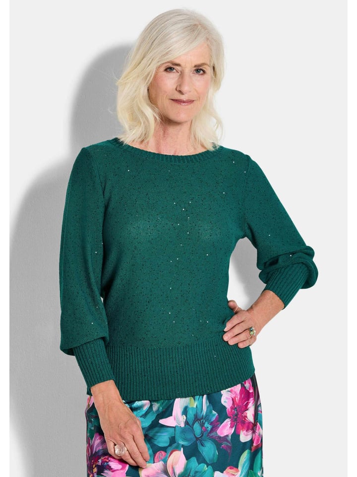 

Вязаный свитер. Элегантный блестящий свитер с вырезом-лодочкой изумрудного цвета. GOLDNER