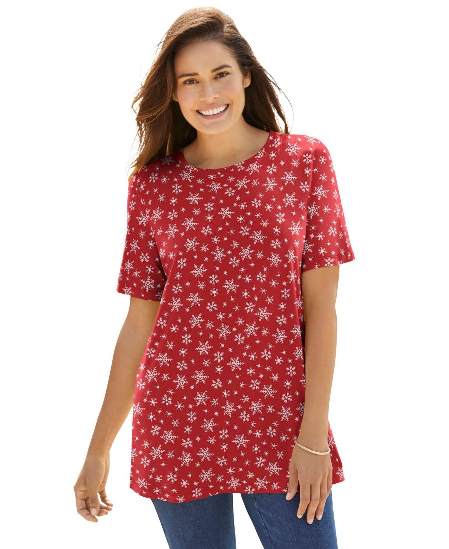 

Женская футболка Within Tops & Tees с коротким рукавом и круглым вырезом, с принтом Woman Within, Classic red snowflakes