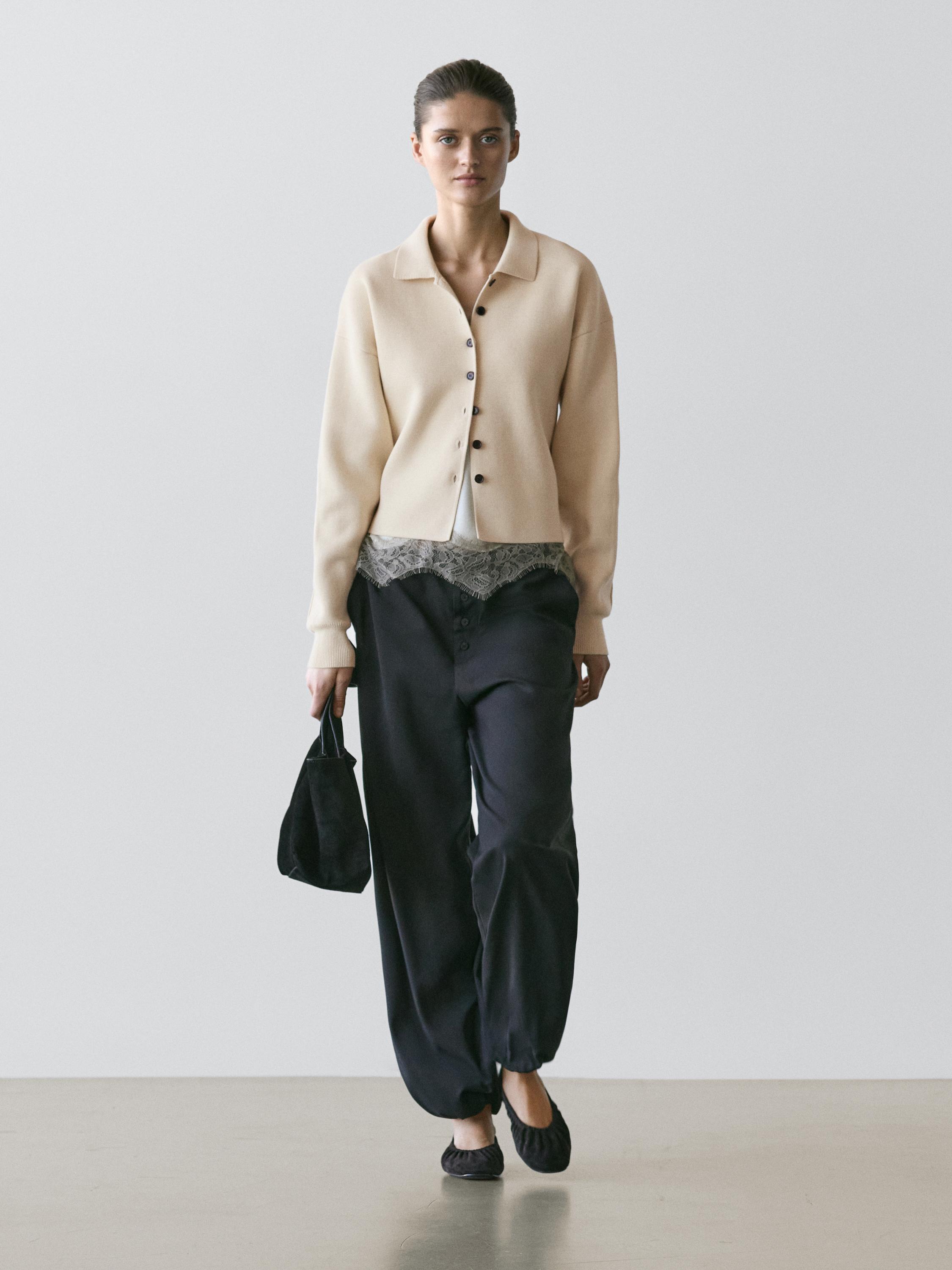 

Хлопковый вязаный кардиган с воротником поло Massimo Dutti, vanilla